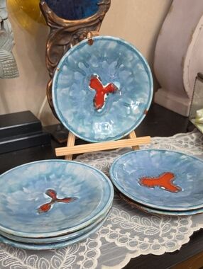 Stoneware Vallarius Style Handcrafted Blue Ceramic Dessert Plates Red Accent